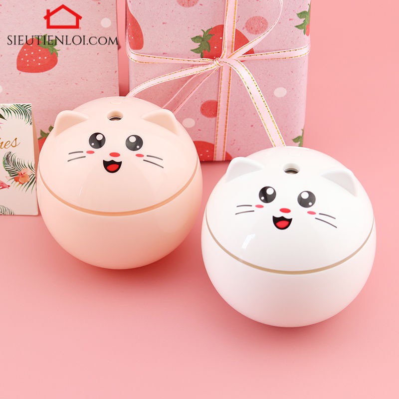 Máy Phun Sương Tạo Ẩm Mini Khuếch Tán Tinh Dầu Kiêm Đèn Ngủ Hình Chú Mèo Siêu Siêu Cute