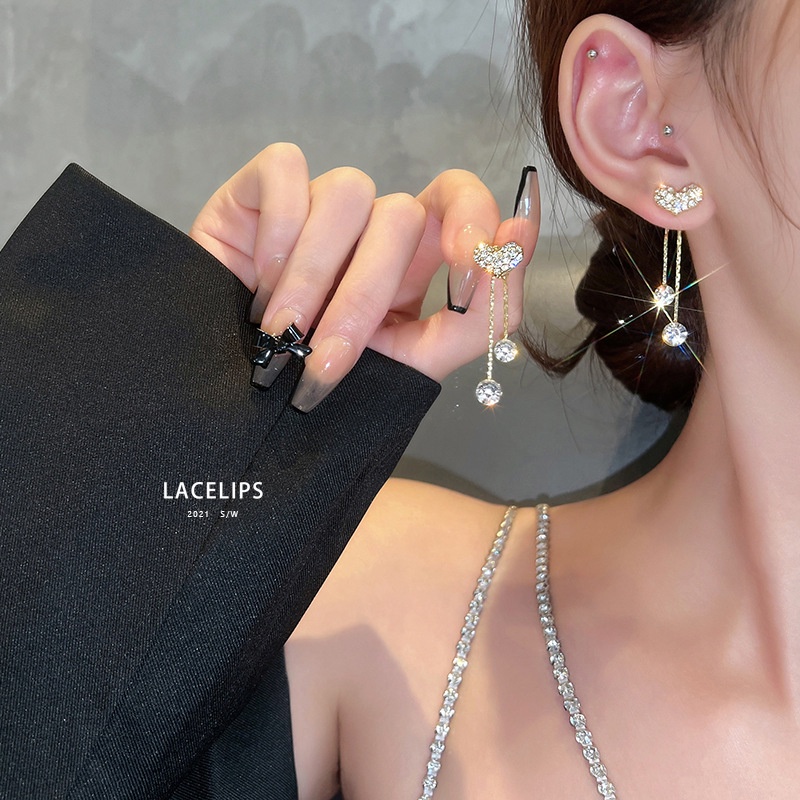 Khuyên Tai Tua Rua Thiết Kế Hình Trái Tim Đính Đá Lấp Lánh Thời Trang Cao Cấp 2022