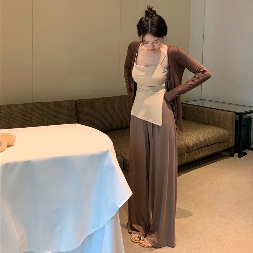 COZOK Set Áo Khoác Không Tay + Áo cardigan + Quần Dài Lưng Cao Thời Trang