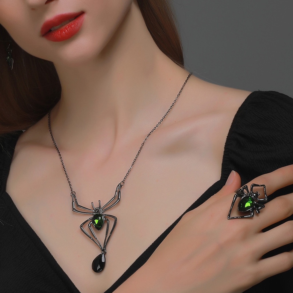 Bộ Vòng cổ + Bông Tai + Nhẫn Hình Nhện Đính Đá Cho Nữ