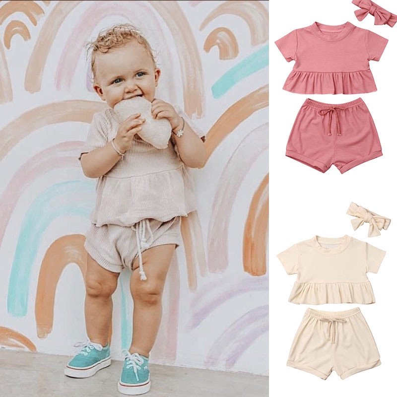 Bộ đồ 2 món gồm áo tay ngắn + quần ngắn mùa hè bằng cotton mềm cho bé gái sơ sinh