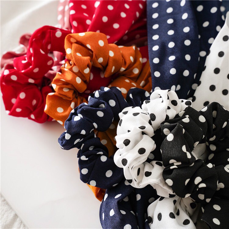 Scrunchies Dây Buộc Tóc Vải Chấm Bi Phong Cách Âu Mỹ