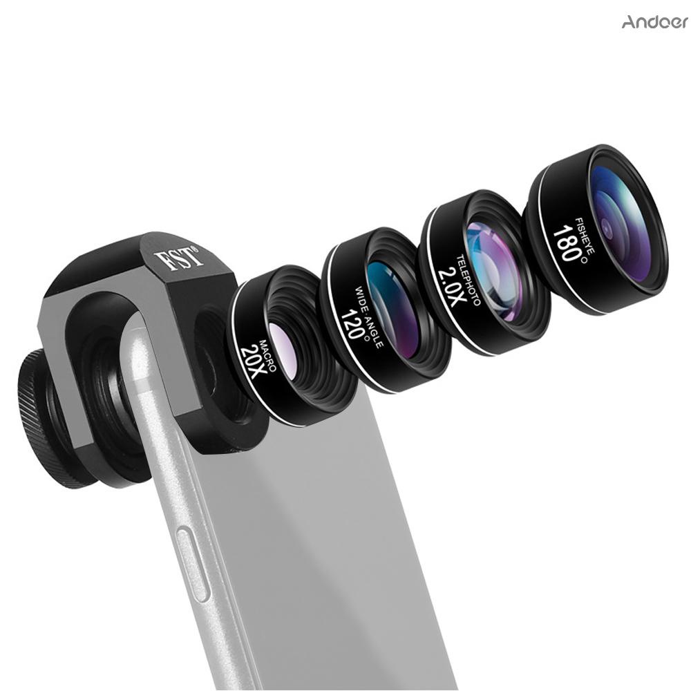 ✧   Clip-on Phone Camera Lens Phone Lens Kit 4 in 1 Including 180°Fisheye Lens 120°Wide Angle Lens 20X Macro Lens 2.0X Telephoto Lens with Lens Clip Wiping Cloth Storage Bag EVA Bag