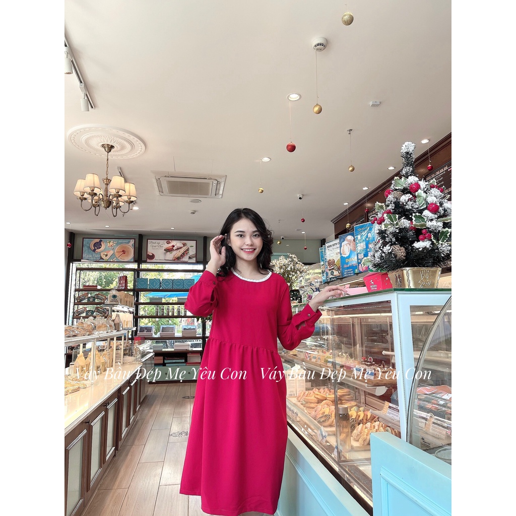 Đầm bầu công sở Váy bầu đẹp màu đỏ dài tay MYC 4M