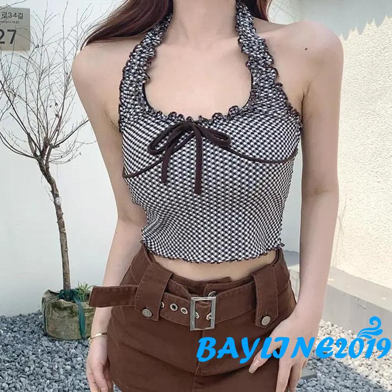 Bay-Women Summer Crop Tops, Halter Plaid Printed Bow-Knot Ruffled Short Tops, Ladies Slim Navel Vest