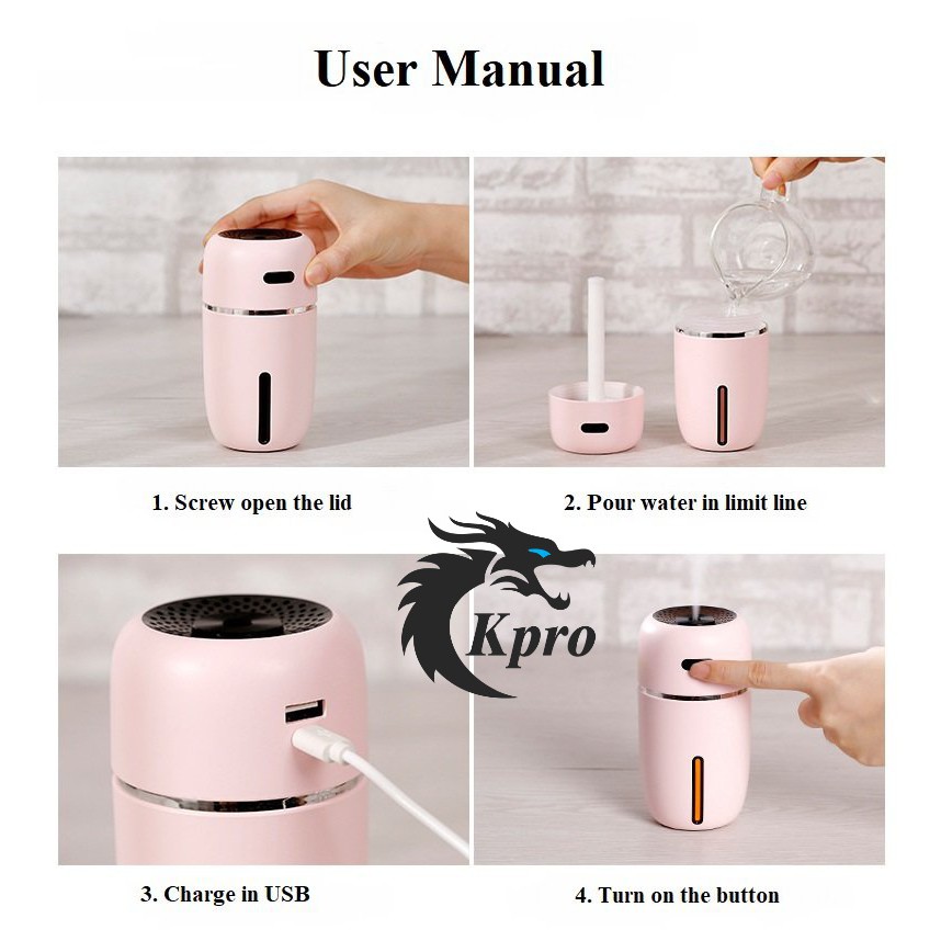Máy tạo độ ẩm, máy xông tinh dầu, máy phun tinh dầu sử dụng pin sạc cho ô tô - Hàng Kpro chất lượng cao