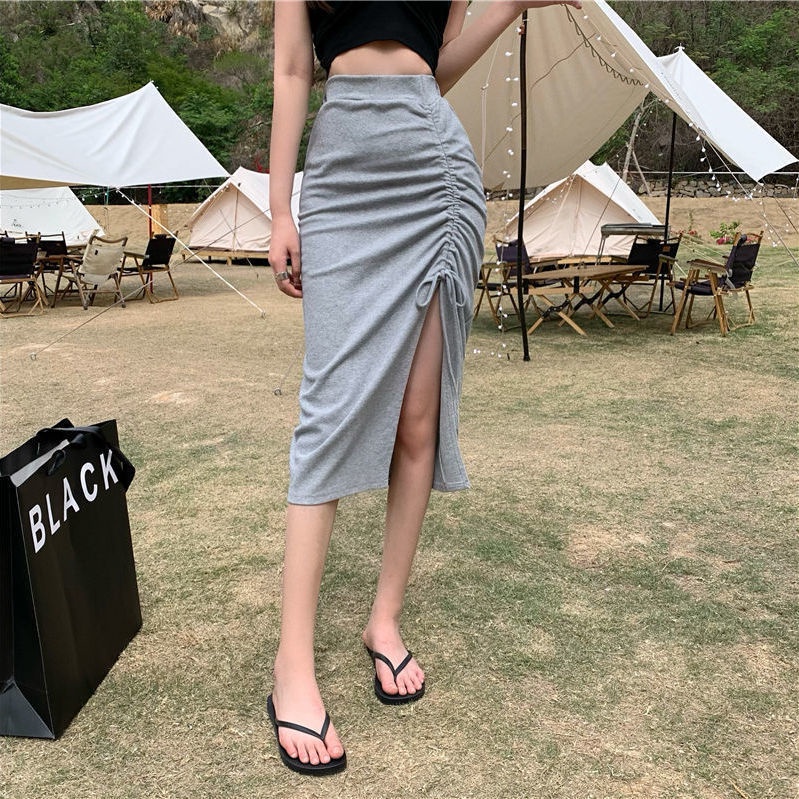 Chân váy COZOKC lưng cao phối dây rút xếp ly thiết kế lệch tà