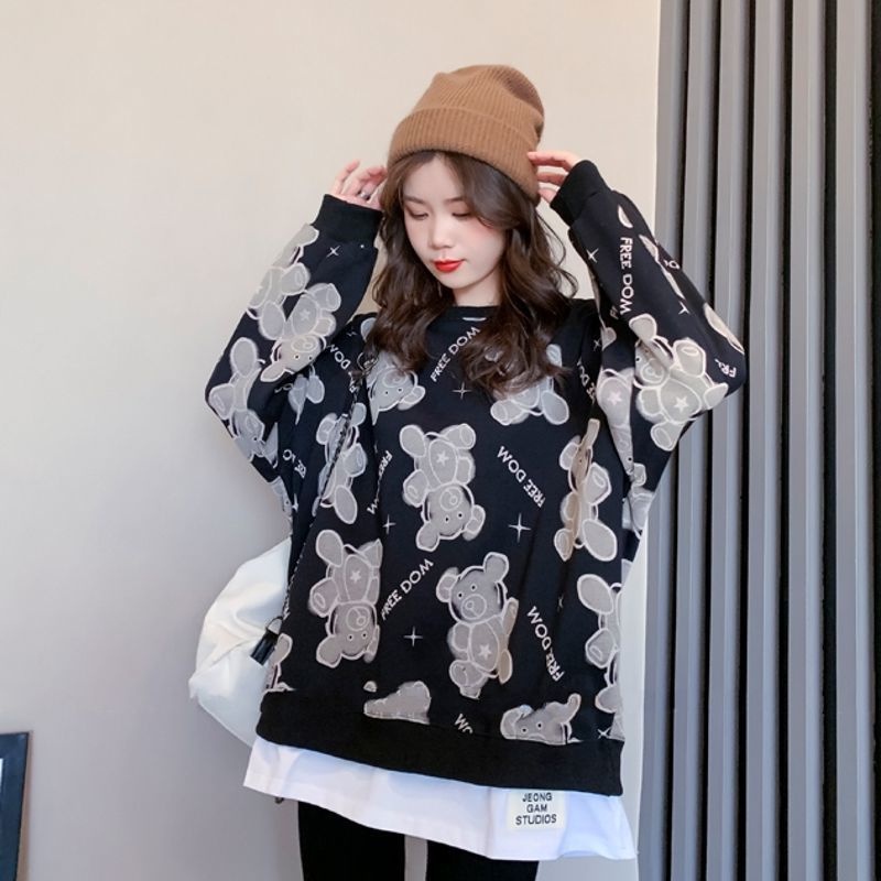 ZHELIHANGFEI Áo Thun Nữ Dài Tay Cổ Tròn Giả Hai Lớp Thời Trang