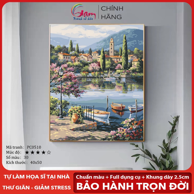 Tranh sơn dầu số hóa trang trí treo tường Tranh phong cảnh mùa xuân thiên nhiên Địa Trung Hải có khung