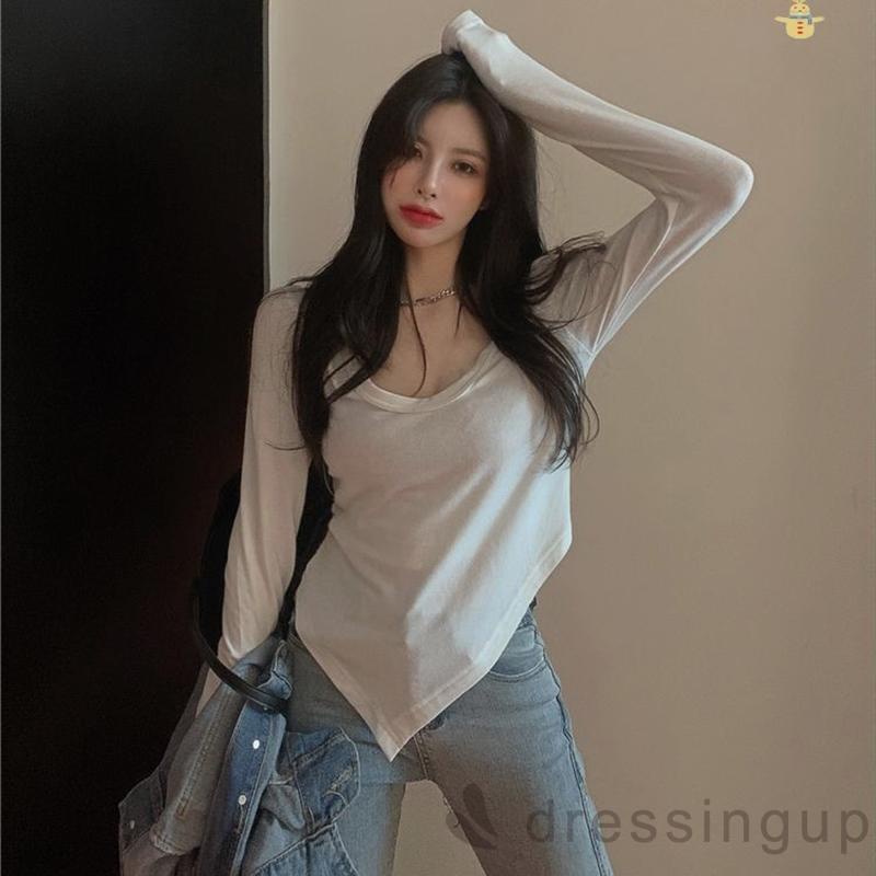 Áo thun tay dài viền ngắn cổ tròn màu trơn đơn giản thời trang thường ngày dành cho nữ