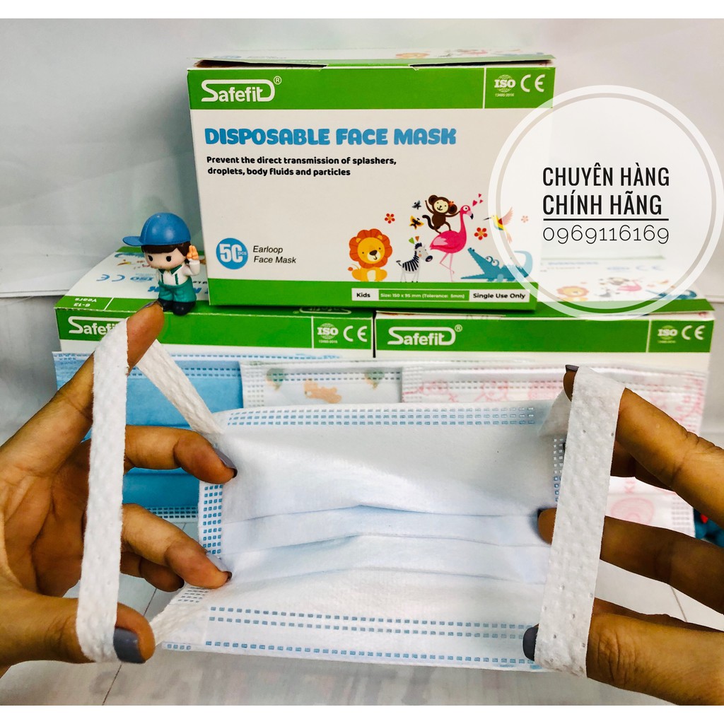 Khẩu trang y tế cho bé từ cho bé từ 6 – 13 tuổi hộp 50 cái – Khẩu trang cho bé 3 lớp kháng khuẩn Safefit