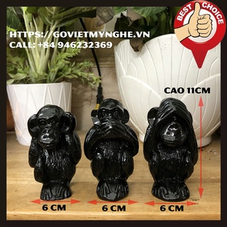 Tượng đá trang trí tượng đá Bộ Ba Khỉ Tam Không Trang Trí Phong Thủy - Màu Đen - Cao 11cm