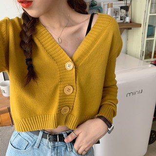 Áo len dệt kim dài tay cổ chữ V Hàn Quốc Áo len crop nữ gợi cảm