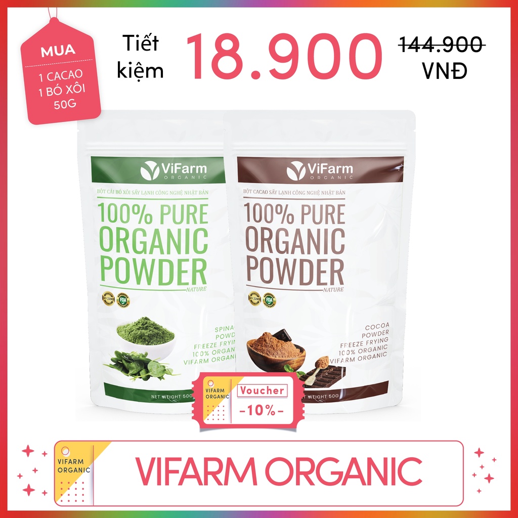 Bột Ca Cao Nguyên Chất 100% ViFarm 50Gram, Bột Cacao không đường, Hỗ Trợ Giảm Cân, Ăn Kiêng