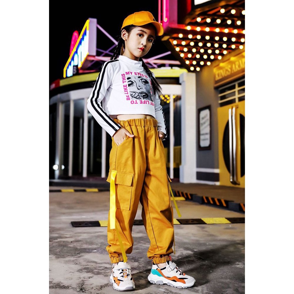 Bộ Áo Croptop Tay Dài Phối Quần Dài Kiểu Hip-Hop Thời Trang Cho Bé Gái