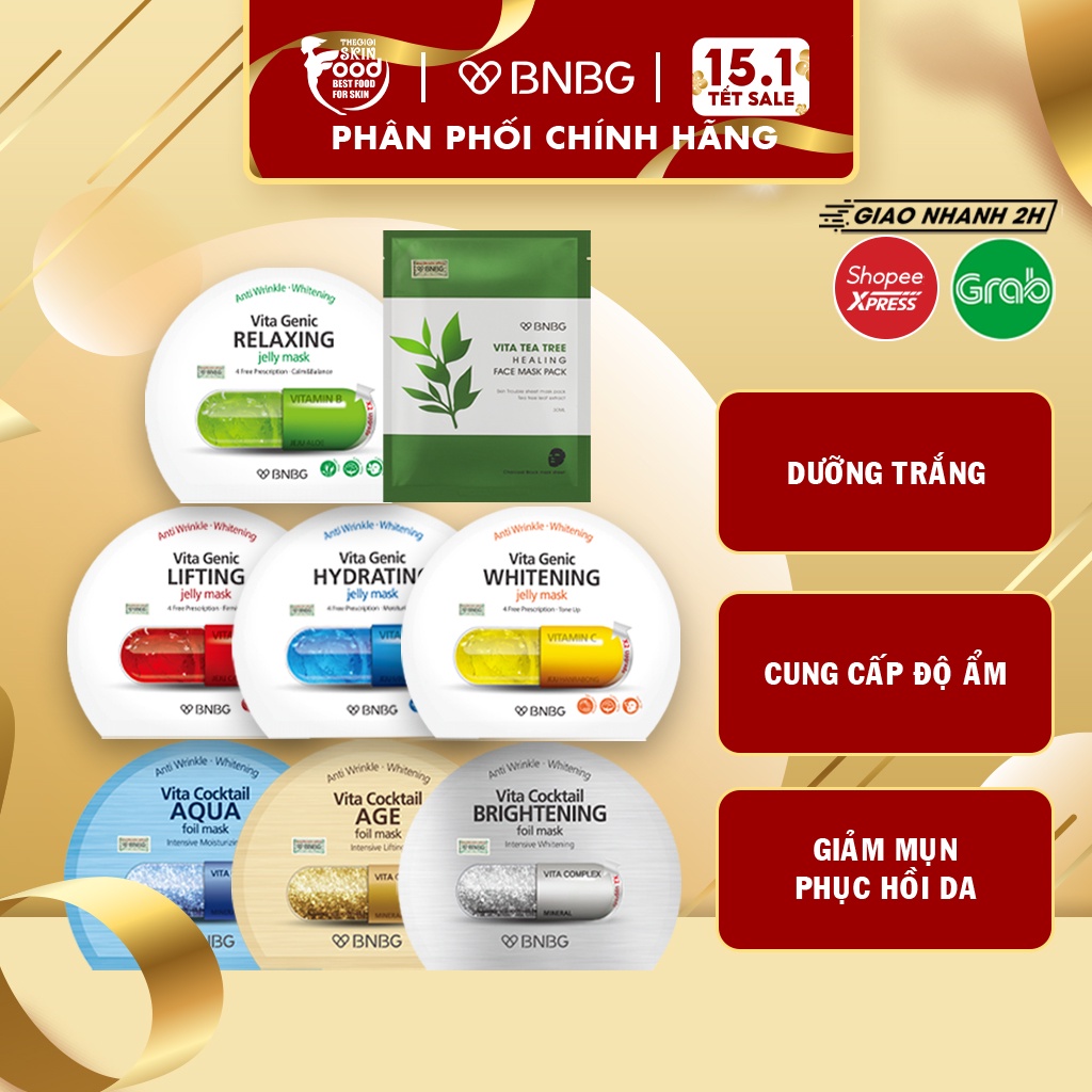 Mặt nạ miếng dưỡng ẩm, dưỡng trắng, giảm mụn, phục hồi da Hàn Quốc BNBG Mask (Vitamin A,B,C,E, trà xanh)