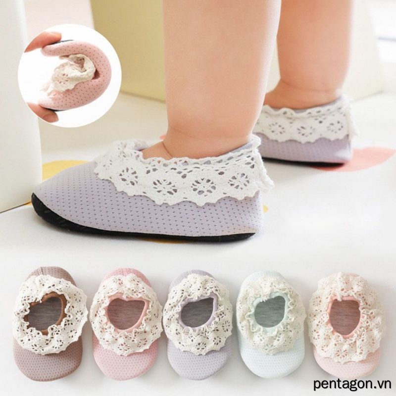 Vớ Ren Mềm Chống Trượt Màu Trơn Dành Cho Em Bé Tập Đi