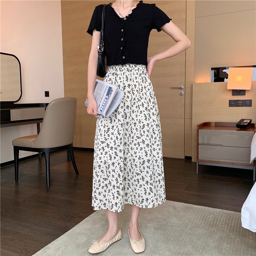 Chân Váy Hoa Nhí Quảng Châu Chất Liệu Voan Thun Chiều Dài 73cm - Chân Váy Dài Cạp Chun Quảng Châu CV20 | BigBuy360 - bigbuy360.vn