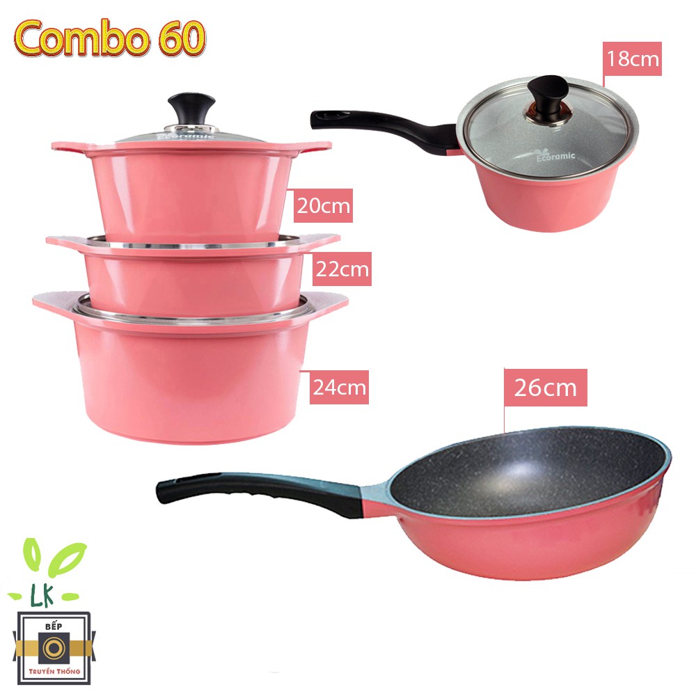 [Chính Hãng] Combo 60 5 món cao cấp, bộ 4 nồi quánh đúc ceramic và Chảo đúc chống dính vân đá Hàn Quốc sâu lòng size 26c