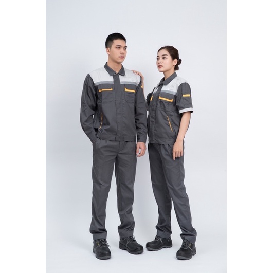 BỘ QUẦN ÁO BẢO HỘ VẢI PANGRIM HÀN QUỐC MÀU CHÌ CÓ PHẢN QUANG (PR04)- cài nút hoặc kéo khoá