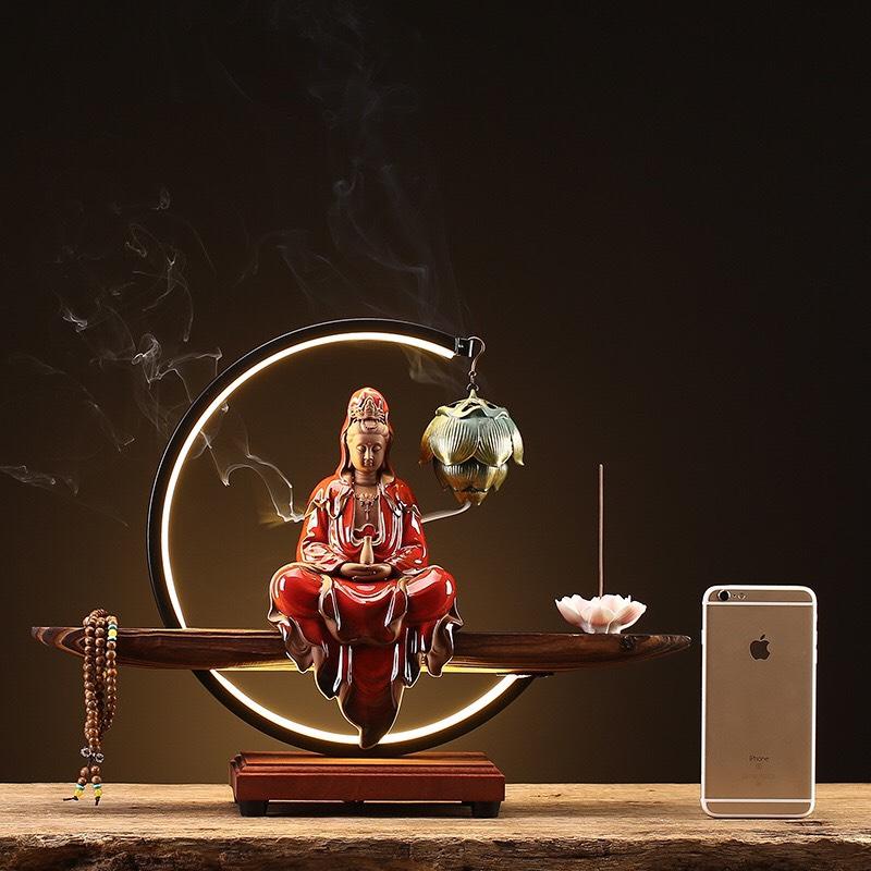 Tượng gốm Quan Âm và kệ đèn led trang trí decor nhà cửa không gian thiền tịnh giúp tâm thư thái an yên