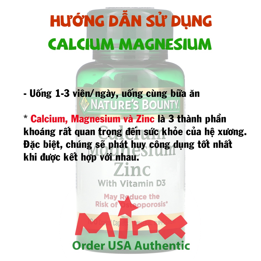 Viên uống Magie Canxi Kẽm 100 viên Nature Bounty - Bổ sung Calcium Magnesium Zinc Vitamin D3 Nature's - MINX Store