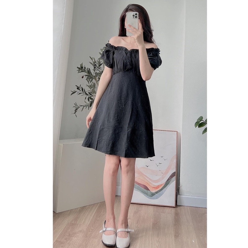 Váy trễ vai cổ bèo tay bồng chất đũi xước siêu mát