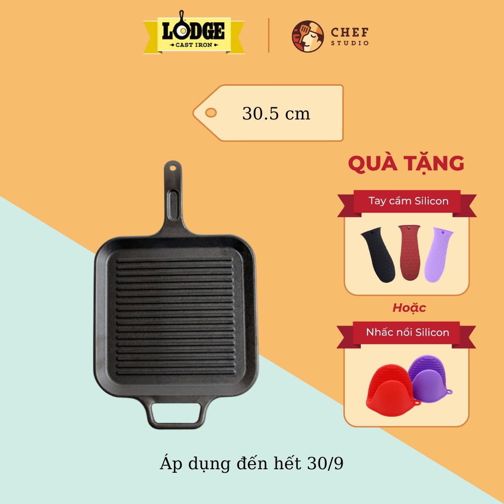 Chảo gang nướng Lodge rãnh vuông 30.5 cm chống dính tự nhiên, dùng được cho mọi loại bếp kể cả lò nướng