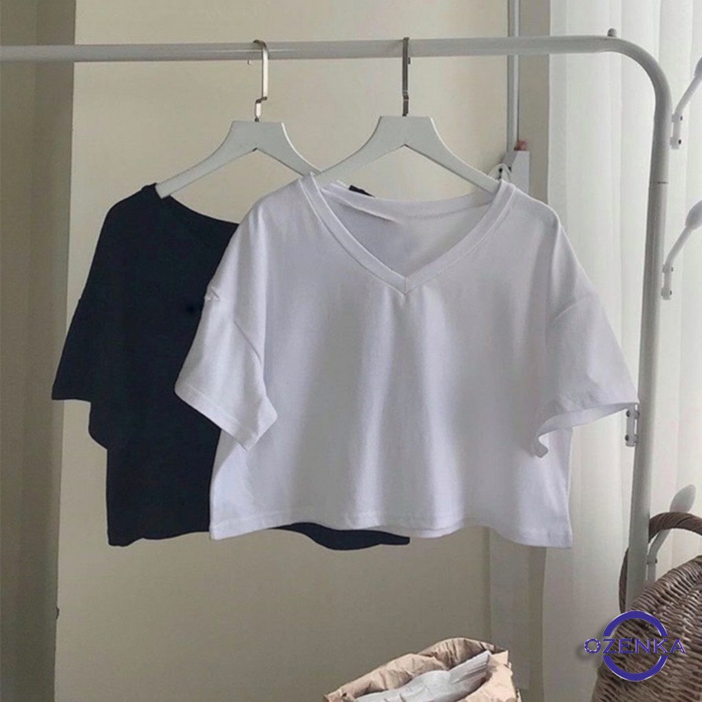 Áo croptop cổ tim cộc tay rộng chất cotton free size 3 màu đen trắng tím CR192