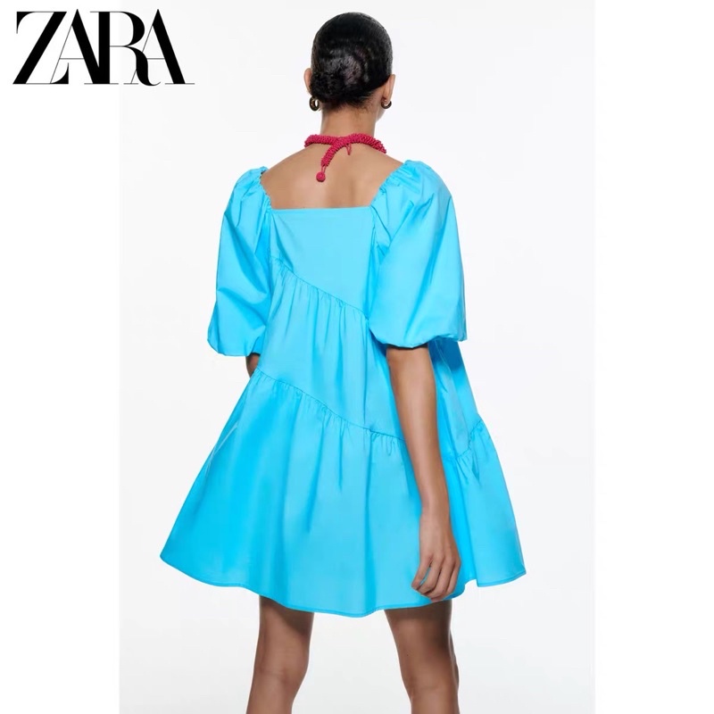 Váy baby doll xanh cổ vuông Zarraa canh sale