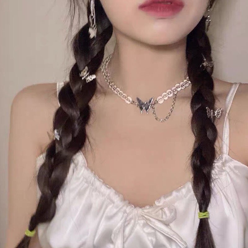 Chocker hạt ngọc trong suốt mix mặt bươm bướm DCX21 Maycorner