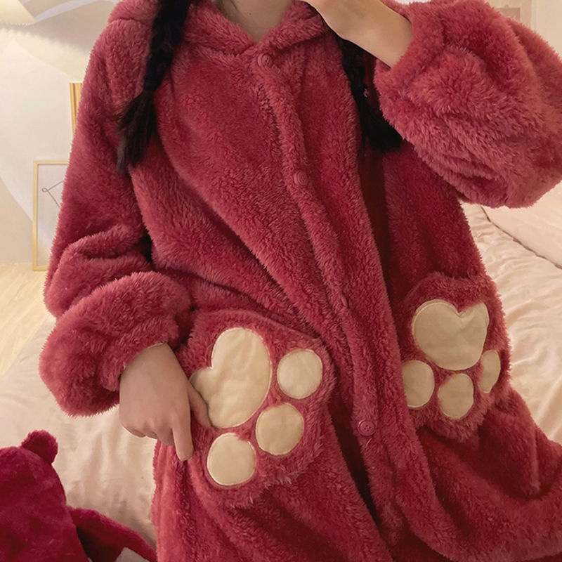❤️❤️ Bộ Đồ Ngủ Vải Nỉ Lông Cừu San Hô Dày In Hình Gấu/ Dâu Tây Dễ Thương Thời Trang Mùa Đông Cho Nữ 2023