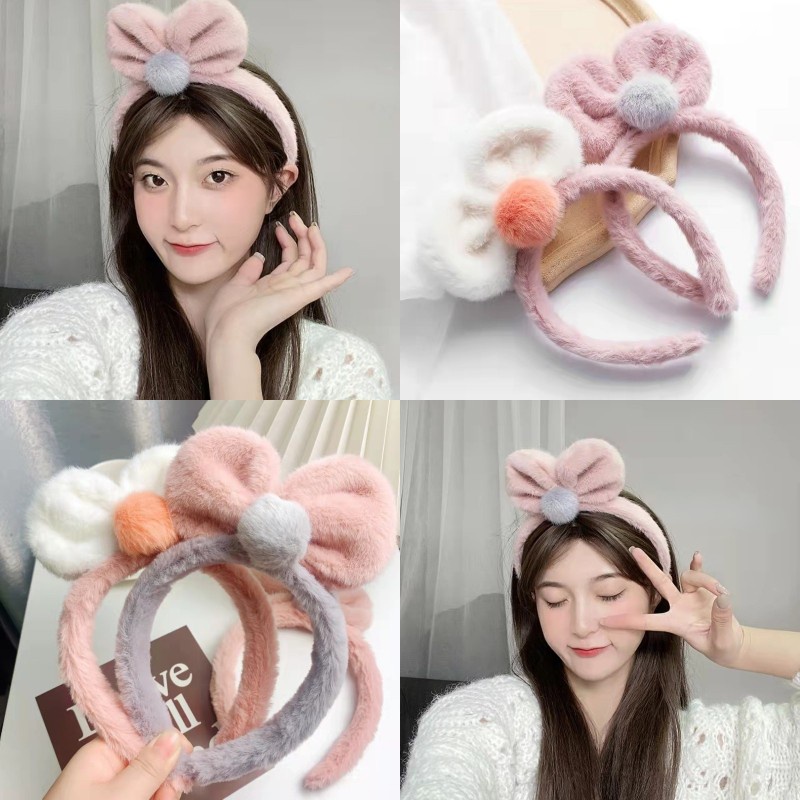 Băng Đô Cài Tóc Trang Điểm / Rửa Mặt Bằng Vải Lông Đính Nơ Dễ Thương Thời Trang Hàn Quốc Dành Cho Bạn Nữ