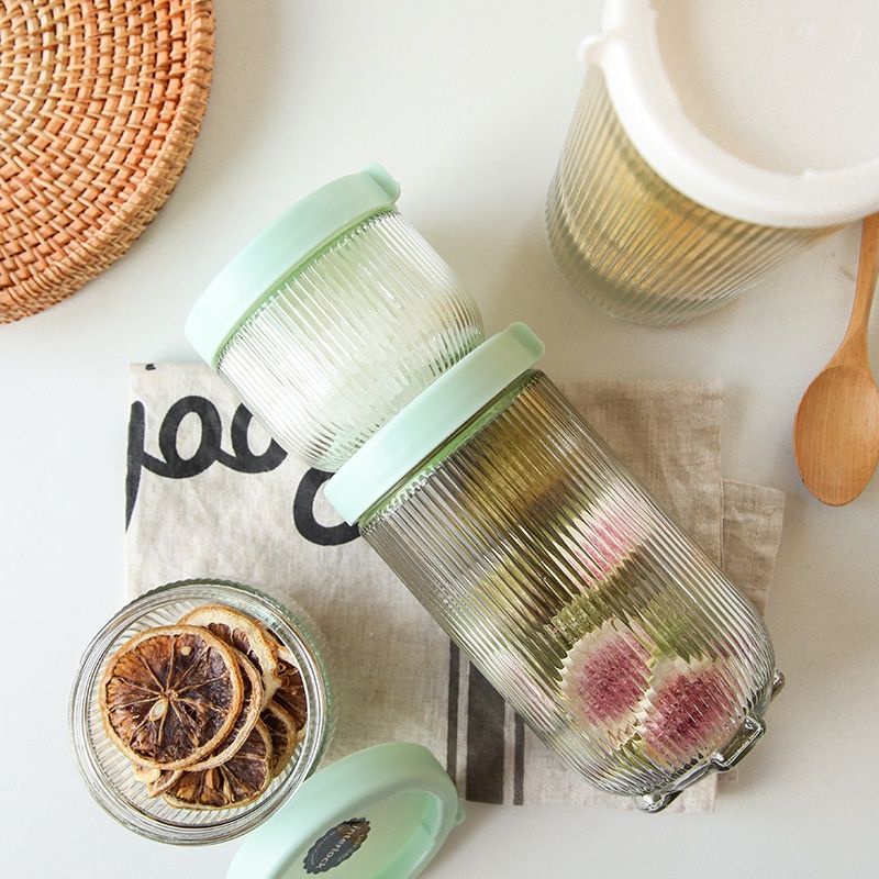 Set 6 Lọ Đựng Thực Phẩm Thủy Tinh Vân Sọc Có Nắp Vặn Xoay Kín Để Tủ Lạnh Hàng Siêu Cấp
