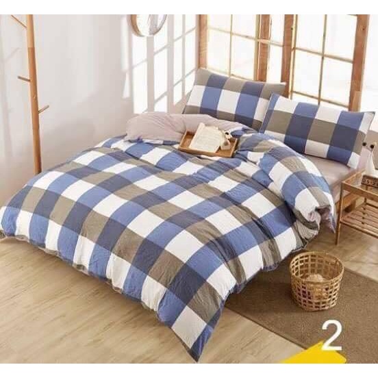 Bộ vỏ chăn ga gối cotton đũi Lidaco cao cấp - Caro xanh ghi FSD