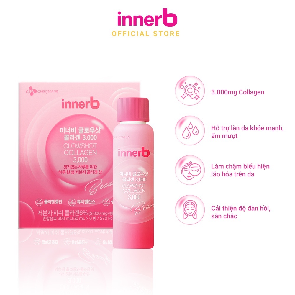 Combo hộp 6 chai nước uống Collagen Vitamin C sáng da InnerB Glowshot & thực phẩm bảo vệ sức khỏe InnerB Snow White