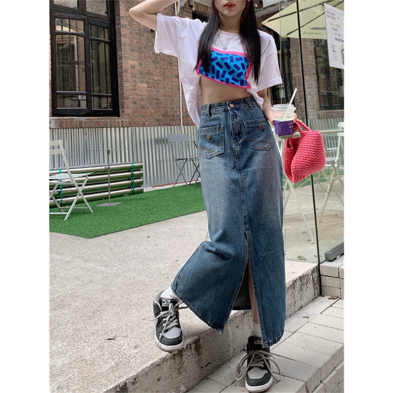 IMAODOU Chân Váy Jean Chữ a Lưng Cao Xẻ Tà Phong Cách Hàn Quốc Thời Trang Mùa Hè Mới Cho Nữ
