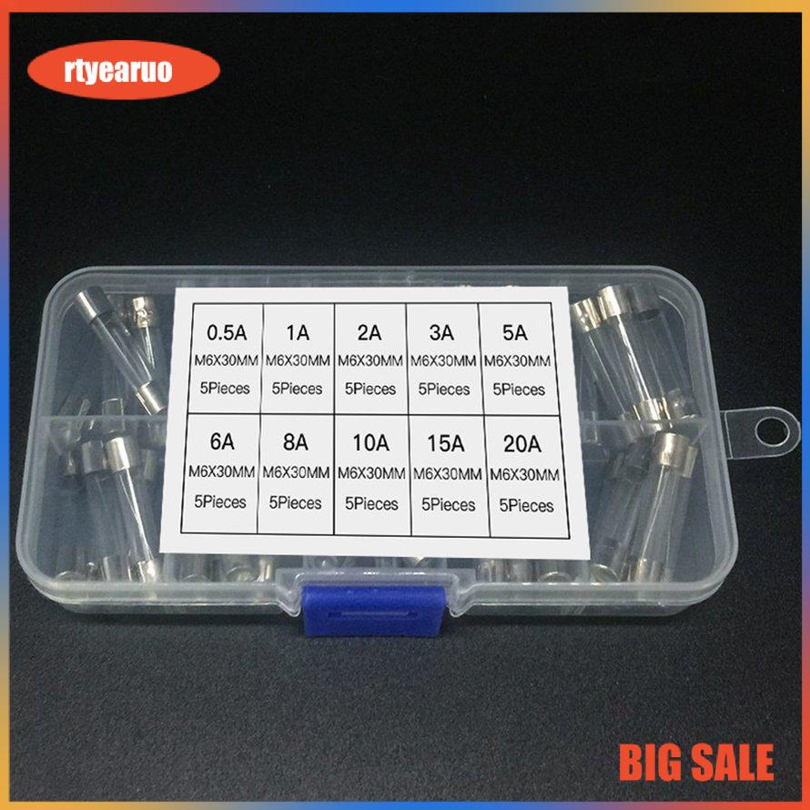 50PCS 6x30mm Fast Blow Fuse Glass Tube Fuse Assorted Mixed Kit Insurance Tube 0.5A/1A/2A/3A/5A/6A/8A/10A/15A/20A