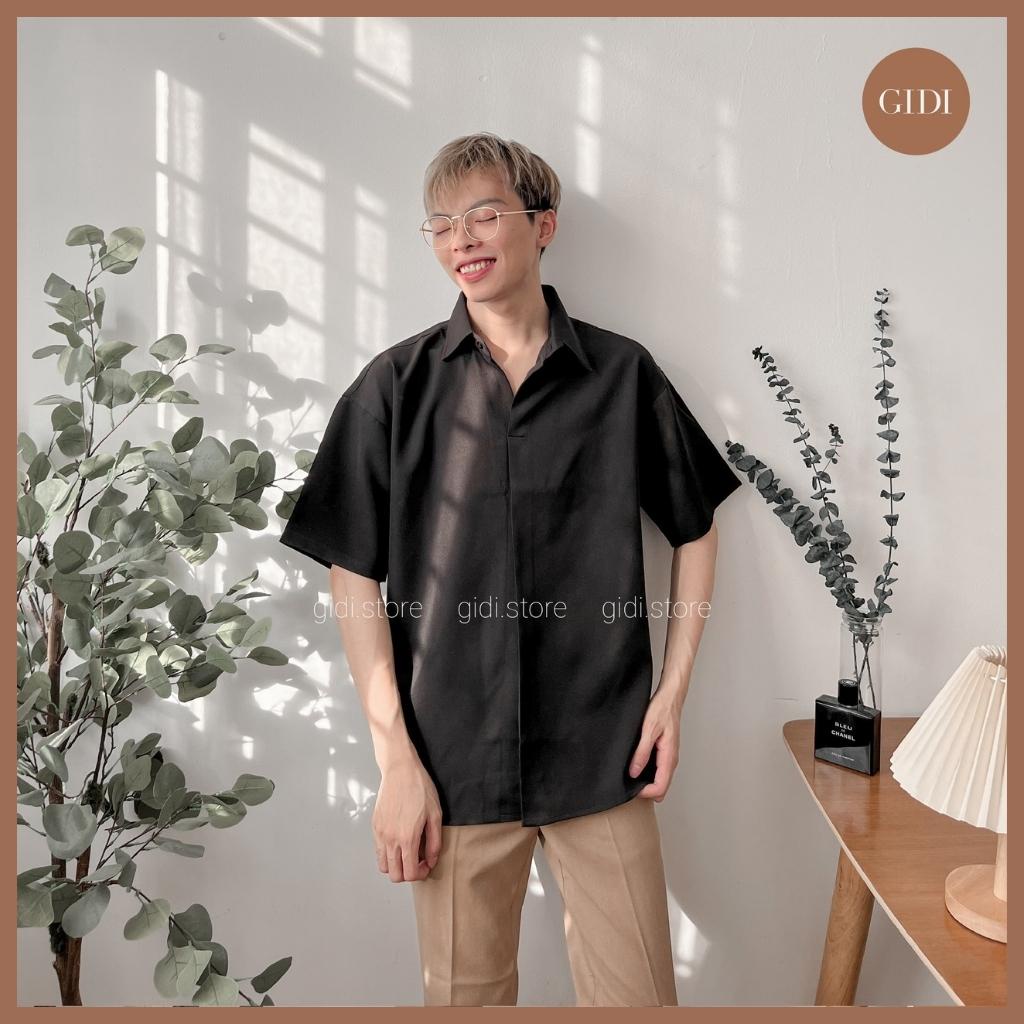 Áo sơ mi KHÔNG NÚT tay lỡ Nam Nữ Unisex - sơ mi ngắn tay phong cách Hàn Quốc vải lụa không nhăn, cực mát