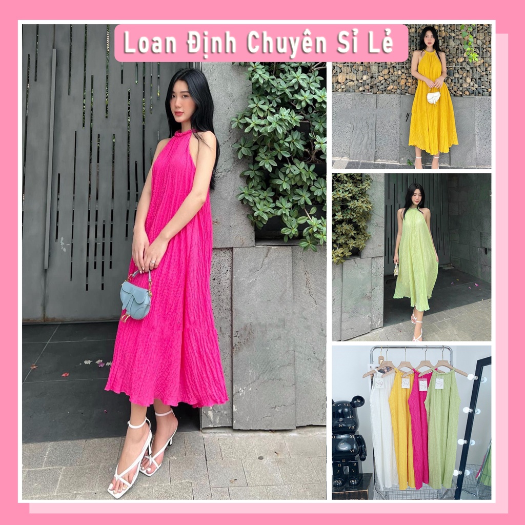 Váy maxi nữ cổ yếm dây tết đi biển đầm dự tiệc nữ sang chảnh 2 lớp LD205