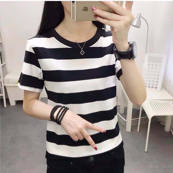 Áo Thun Tay Ngắn Dáng Rộng Họa Tiết Kẻ Sọc Thời Trang Cho Phụ Nữ Trung Niên