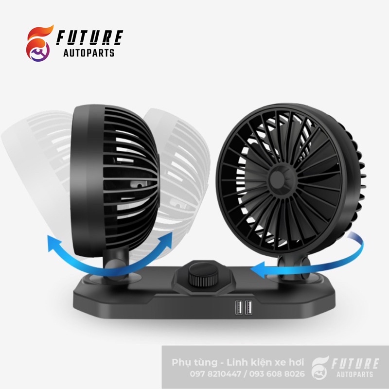 Quạt đôi đa năng quay 360 độ hỗ trợ cổng sạc USB tiện dụng dành cho xe hơi - Future Autoparts