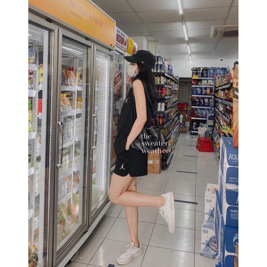 Bộ Jor Thể Thao Sát Nách Áo TankTop Quần Sooc Cạp Chun - Set Đồ Áo Quần Short Thêu Họa Tiết 3 Màu Xanh Trắng Đen