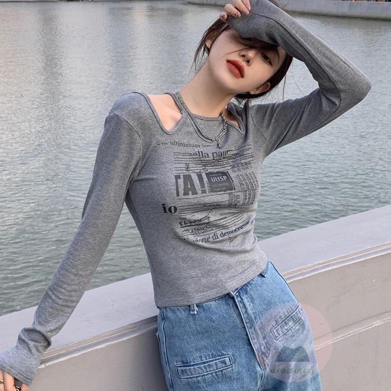 Áo Thun Tay Dài Hở Vai In Chữ Thời Trang Dành Cho Nữ