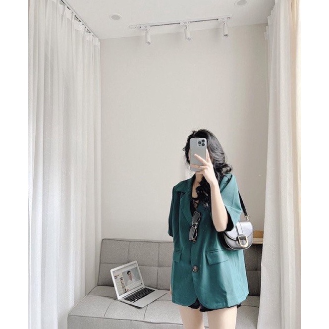 Áo Vest blazer xanh cộc tay hot trend vải tuyết mưa dày dặn đẹp