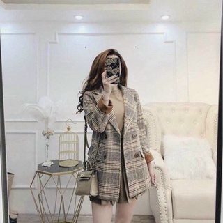 freeShip Áo Blazer Nữ Áo Vest Dạ Khoác Ngoài Chất Kẻ QC Cao Cấp Màu Nâu Tây  [ HÀNG LOẠI 1 ]