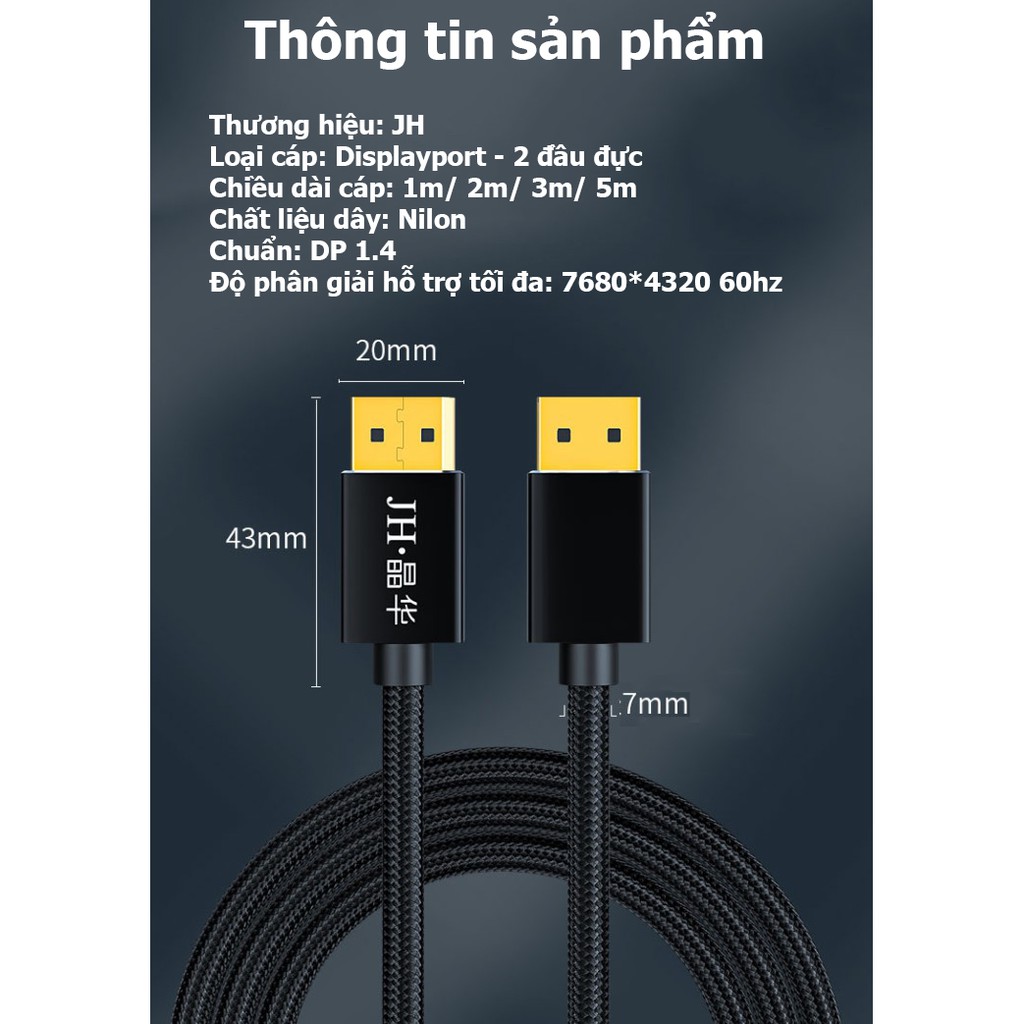 [Mã ELHACE giảm 4% đơn 300K] Cáp Displayport 1.4 hỗ trợ 8K 60hz/ 4k 144hz - Jinghua H502G