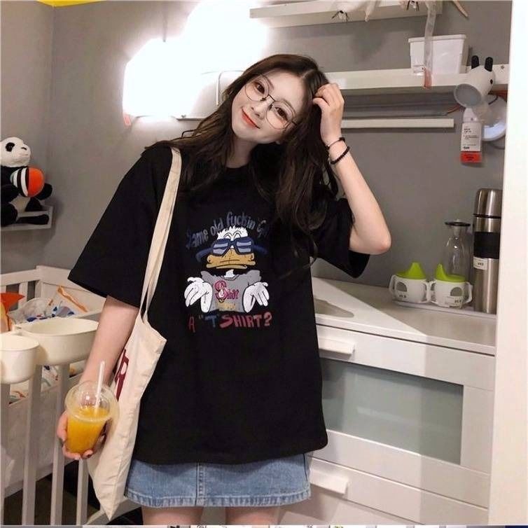 Áo thun cổ tròn ngắn tay dáng rộng in họa tiết size lớn phong cách Hàn Quốc thời trang mùa hè  cho nữ