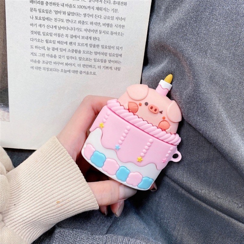 Case Airpod 1/2/pro Hình Bánh Kem Heo Hồng Cute