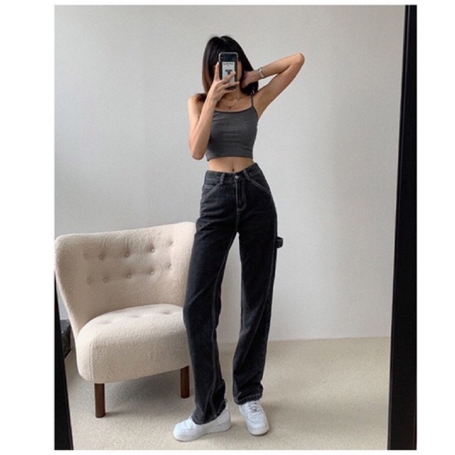 {HCM  / CÓ SẴN} QUẦN JEAN NỮ ỐNG RỘNG MÀU ĐEN VIỀN TRẮNG SIZE S TÚI SAU
